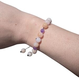 Pink Opal + Amethyst Gemstone Bracelet • Handmade Adjustable. 209